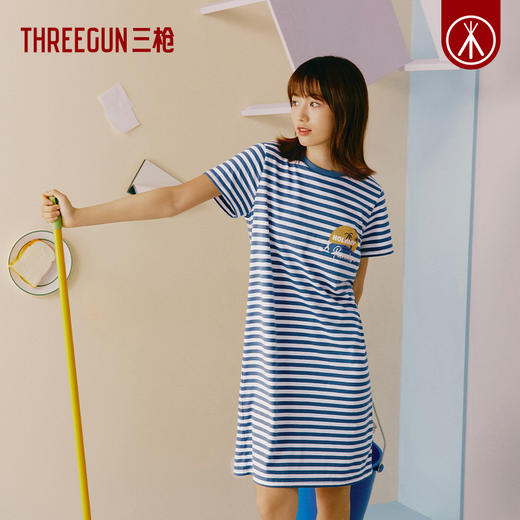 Threegun三枪 【彩条水柔棉】圆领短袖女士家居裙睡裙-70488A011 商品图2