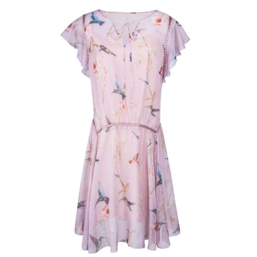 欧芮儿印花连衣裙女夏荷叶边短袖V领a字裙中长 商品图3