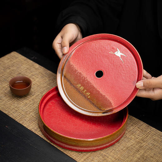 宫墙红干泡台壶承家用陶瓷茶盘 故宫红功夫托盘壶承储水式茶台 商品图1