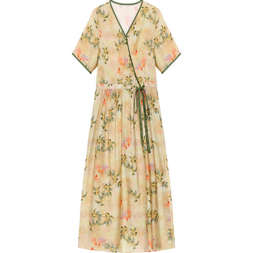 夏季新款，系带收腰裙中长款妈妈装短袖A字裙V领印花连衣裙QYM-XY-23X8967-Y 商品图4