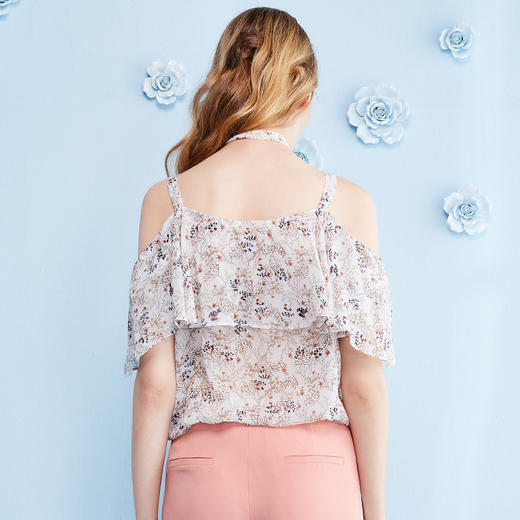 欧芮儿2017新款荷叶边短袖碎花露肩雪纺衫女 商品图1