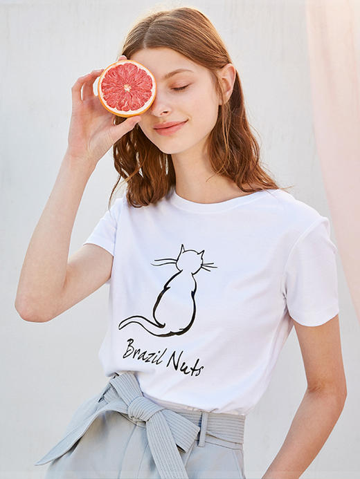 欧芮儿2021新款女装夏装黑色T恤女宽松猫咪字母印花短袖t恤女上衣 商品图3