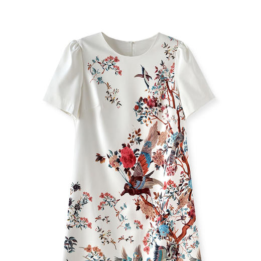 宽松遮肉显瘦，定位花鸟印花斜纹雪纺连衣裙WLZD-2312106 商品图4
