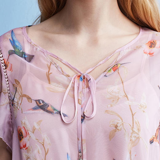 欧芮儿印花连衣裙女夏荷叶边短袖V领a字裙中长 商品图2