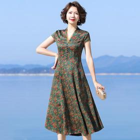 A686香云纱真丝连衣裙高档旗袍2021新款大牌桑蚕丝收腰绿色碎花裙子夏