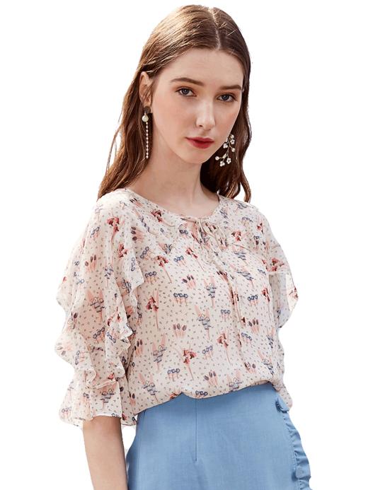 欧芮儿2019新款女装夏装碎花雪纺衫女短袖百搭系带荷叶边洋气小衫 商品图3