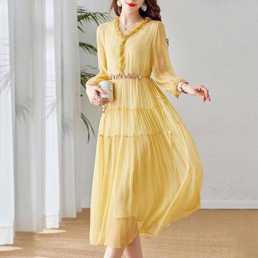 QS-82393938真丝连衣裙女2023新款夏季法式V领双绉收腰黄色桑蚕丝过膝中长裙 商品图2