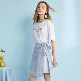 【最后一天】欧芮儿2019夏装新款短袖印花+格子半身裙女中长款时尚两件套装