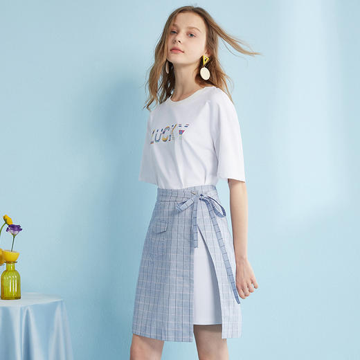 【最后一天】欧芮儿2019夏装新款短袖印花+格子半身裙女中长款时尚两件套装 商品图0