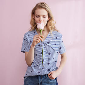 条纹衬衣女 2017夏装新款拼接图案短袖打底衬衫