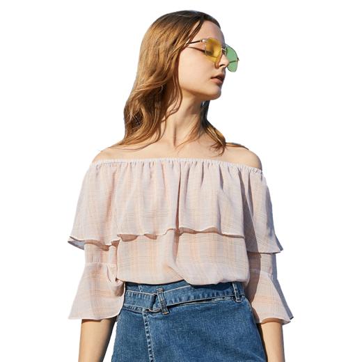 2018夏装一字领露肩小衫女格子喇叭袖雪纺衫女上衣 商品图3