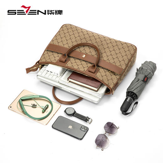 柒牌公文包男士年新款商务通勤上班时尚复古提花卡其色手提包	124P70100 商品图1