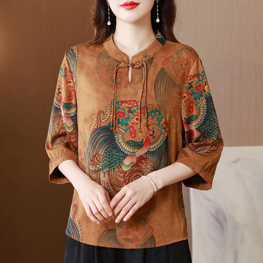 国风印花尚宽松大码小衫七分袖雪纺衫QYM- FL-2322-L 商品图1