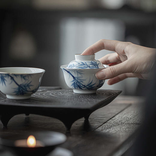 【日用百货】-宜室茶话  釉下粉彩手绘文竹银口盖碗 商品图1