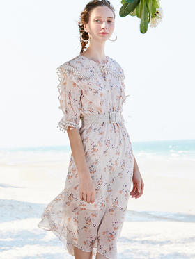 欧芮儿夏装2019新款女装娃娃领连衣裙中长款气质收腰腰带女裙子