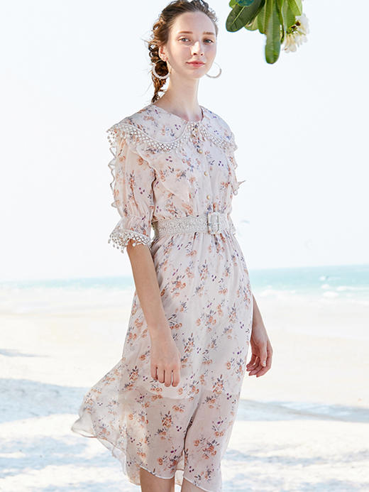 欧芮儿夏装2019新款女装娃娃领连衣裙中长款气质收腰腰带女裙子 商品图0