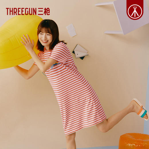 Threegun三枪 【彩条水柔棉】圆领短袖女士家居裙睡裙-70488A011 商品图4