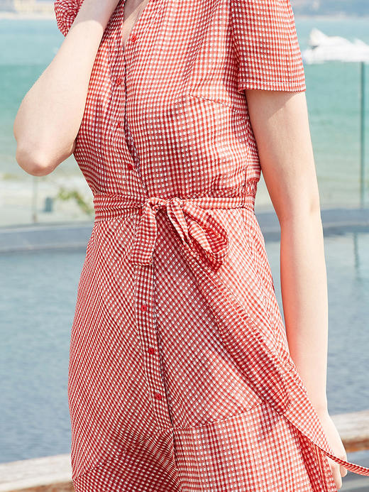 欧芮儿夏装2019新款女装系带收腰显瘦红色格子连衣裙女中长款女裙 商品图3