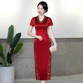 复古喜婆婆礼服，醋酸改良敬酒短袖红色夏新长款旗袍HYX-23-193