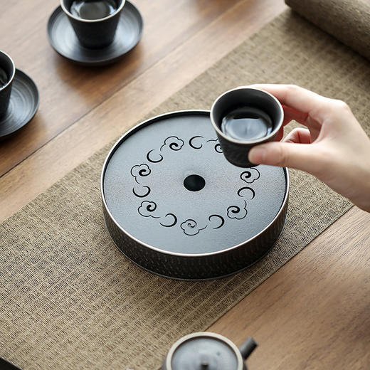 黑玄排水储水茶盘陶瓷大号干泡黑陶茶海壶承圆形干泡茶台茶具茶盘 商品图3