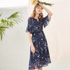 欧芮儿2019夏装新款雪纺碎花连衣裙蓝色中长款V领修身显瘦A字裙子 商品缩略图3