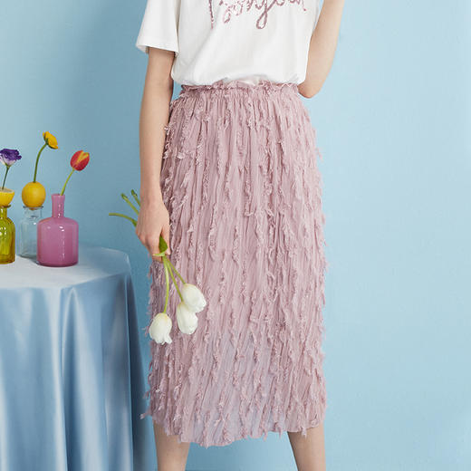 2018夏收腰显瘦粉色羽毛流苏百褶半身裙女中长款 商品图0