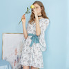 欧芮儿2018夏装显瘦印花V领荷叶袖中长裙碎花雪纺连衣裙 商品缩略图1