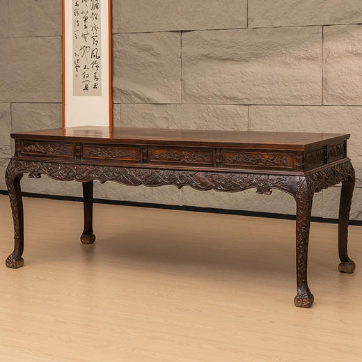 清中期 红木高束腰三弯腿浮雕喜上眉梢画桌 商品图0