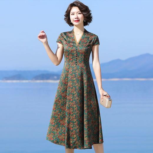 A686香云纱真丝连衣裙高档旗袍2021新款大牌桑蚕丝收腰绿色碎花裙子夏 商品图1