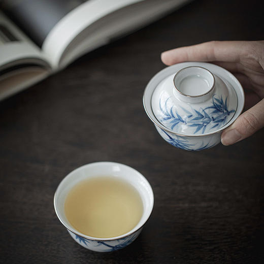 【日用百货】-宜室茶话  釉下粉彩手绘文竹银口盖碗 商品图4