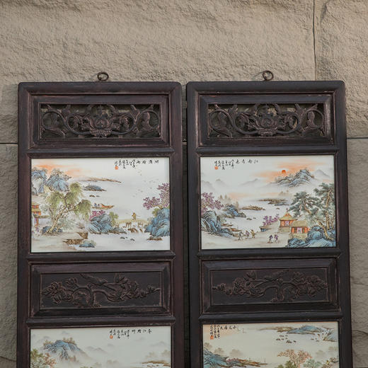 近代 红木镶张志汤款浅绛彩山水图瓷板画板挂屏（一对） 商品图1
