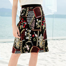 欧芮儿2019夏装新款黑色刺绣半身裙女显瘦中长裙包臀复古A字裙