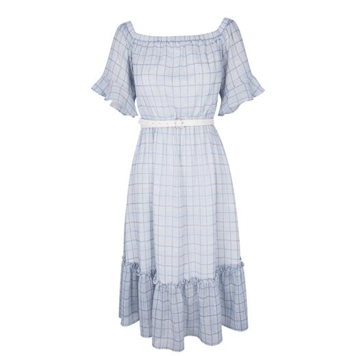 2018夏荷叶边喇叭袖一字肩格子雪纺连衣裙女中长 商品图3