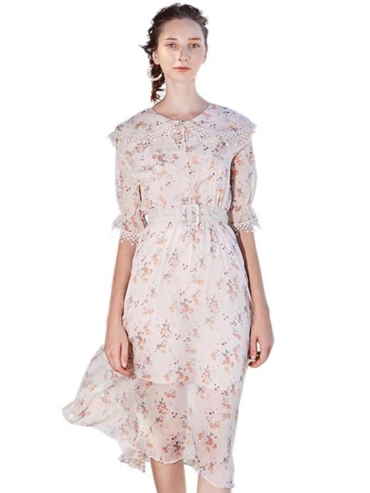 欧芮儿夏装2019新款女装娃娃领连衣裙中长款气质收腰腰带女裙子 商品图3