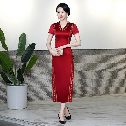 复古喜婆婆礼服，醋酸改良敬酒短袖红色夏新长款旗袍HYX-23-193 商品图1