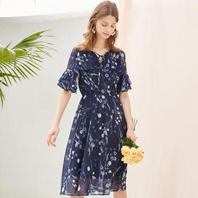 欧芮儿2019夏装新款雪纺碎花连衣裙蓝色中长款V领修身显瘦A字裙子