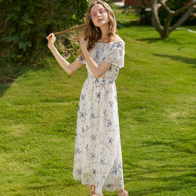 欧芮儿2020夏新款雪纺连衣裙女一字肩小清新碎花中长款温柔超仙