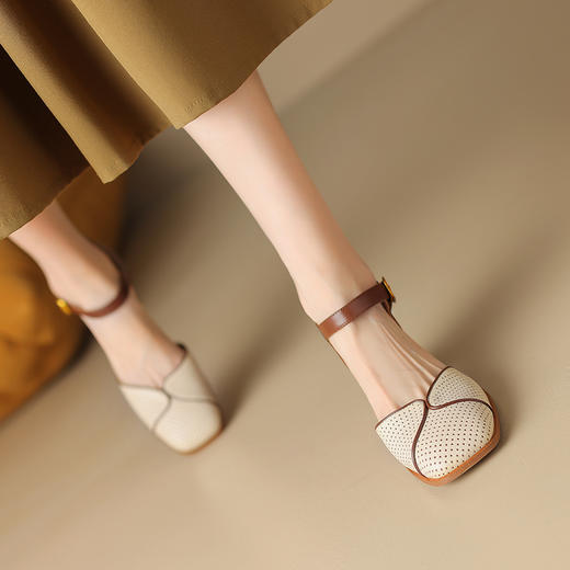 夏季新款，复古头层粒面透气孔牛皮里外全头层真皮包头中空凉鞋NJMK-K620 商品图3