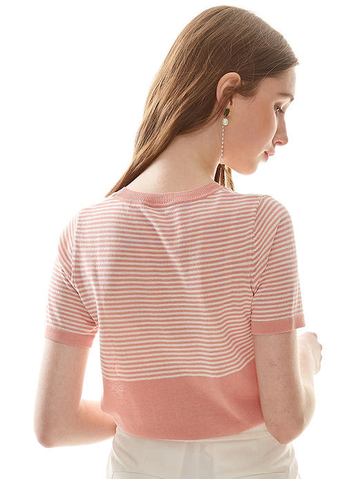 欧芮儿2019新款女装夏装圆领条纹针织衫女短袖撞色收腰显瘦上衣 商品图1