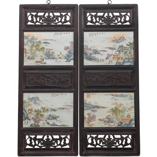 近代 红木镶张志汤款浅绛彩山水图瓷板画板挂屏（一对） 商品图5