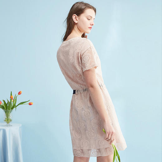 欧芮儿2019夏装新收腰显瘦藕粉色镂空蕾丝连衣裙女中长款甜美裙子 商品图1