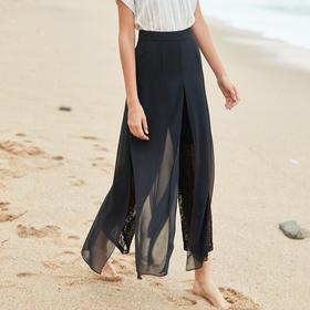 欧芮儿2019夏装新款高腰显瘦黑色休闲裤女不规则蕾丝女裤子网纱裤