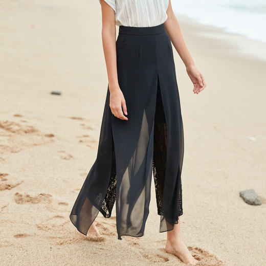 欧芮儿2019夏装新款高腰显瘦黑色休闲裤女不规则蕾丝女裤子网纱裤 商品图0