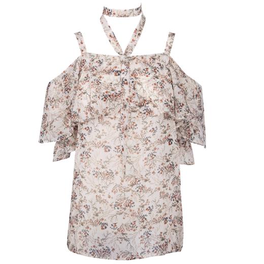 欧芮儿2017新款荷叶边短袖碎花露肩雪纺衫女 商品图3