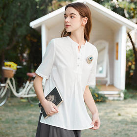 famecoco范可儿立领套头白衬衣女春夏季新款短袖下摆开叉上衣FAB3BD008