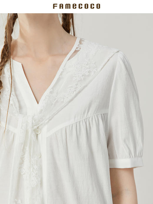 famecoco范可儿短袖衬衫女设计感小众绣花围巾领上衣洋气独特别致FAB3BH040 商品图4