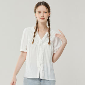 famecoco范可儿短袖衬衫女设计感小众绣花围巾领上衣洋气独特别致FAB3BH040