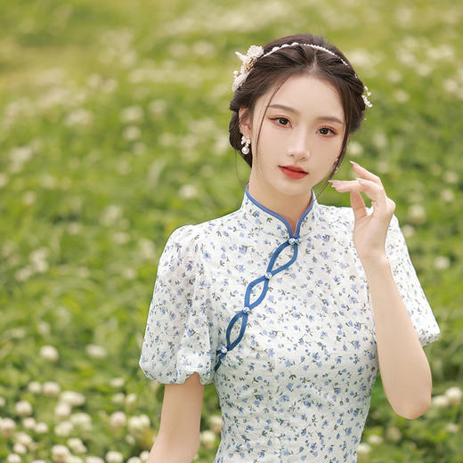 改良年轻款碎花出游，泡泡袖日常甜美清新连衣裙XL-23193 商品图1