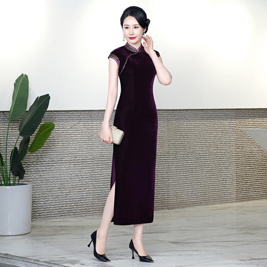 夏季新款，长款无袖拼接香云纱改良丝绒旗袍HYX-23-7801 商品图5