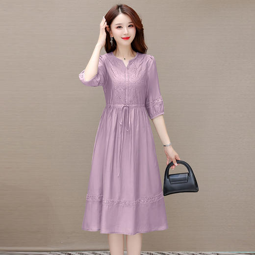 系带中长款A字裙，轻薄中袖天丝连衣裙QYM-23X8921 商品图5